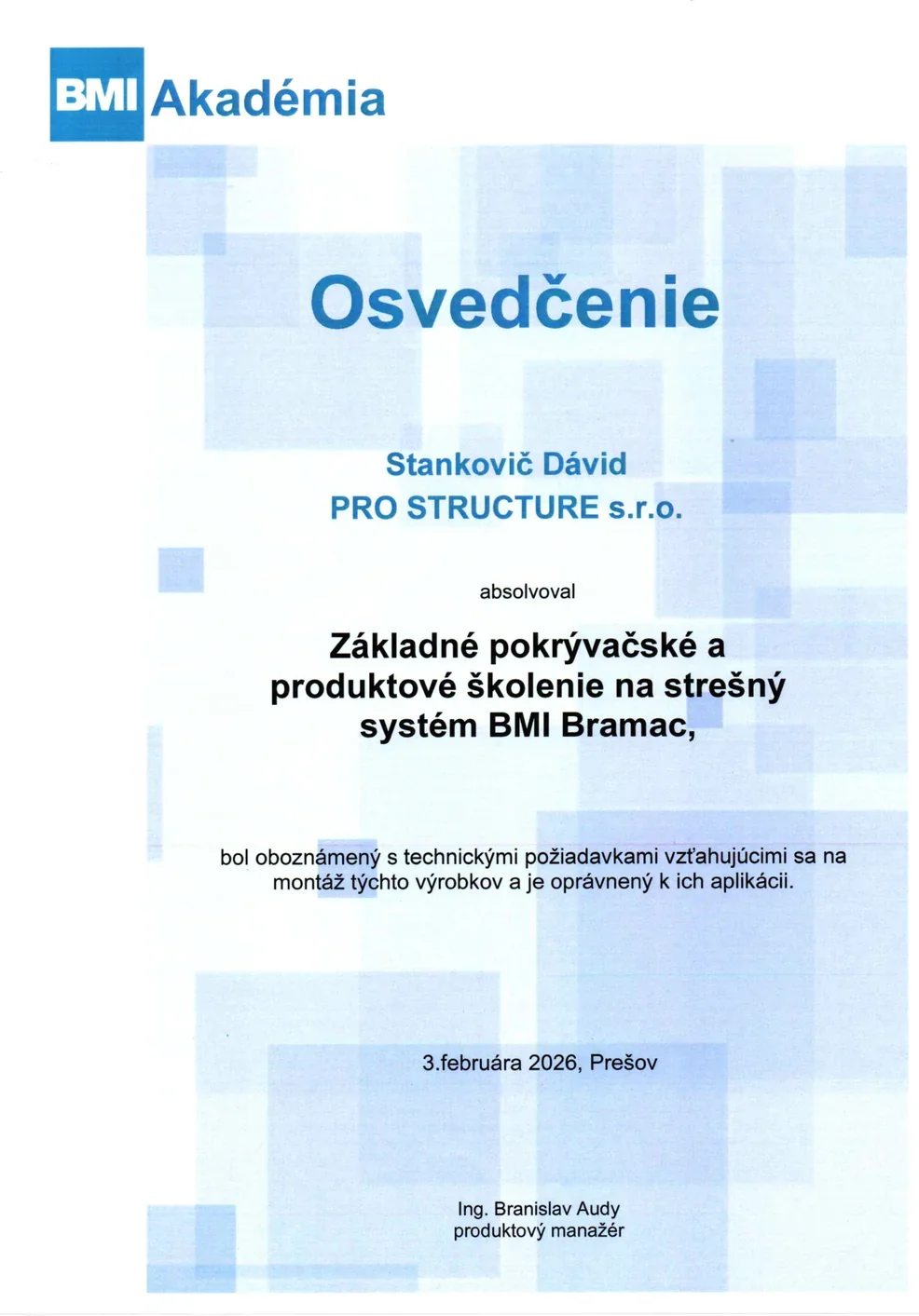 Osvedčenie BMI Bramac — pokrývačské a produktové školenie