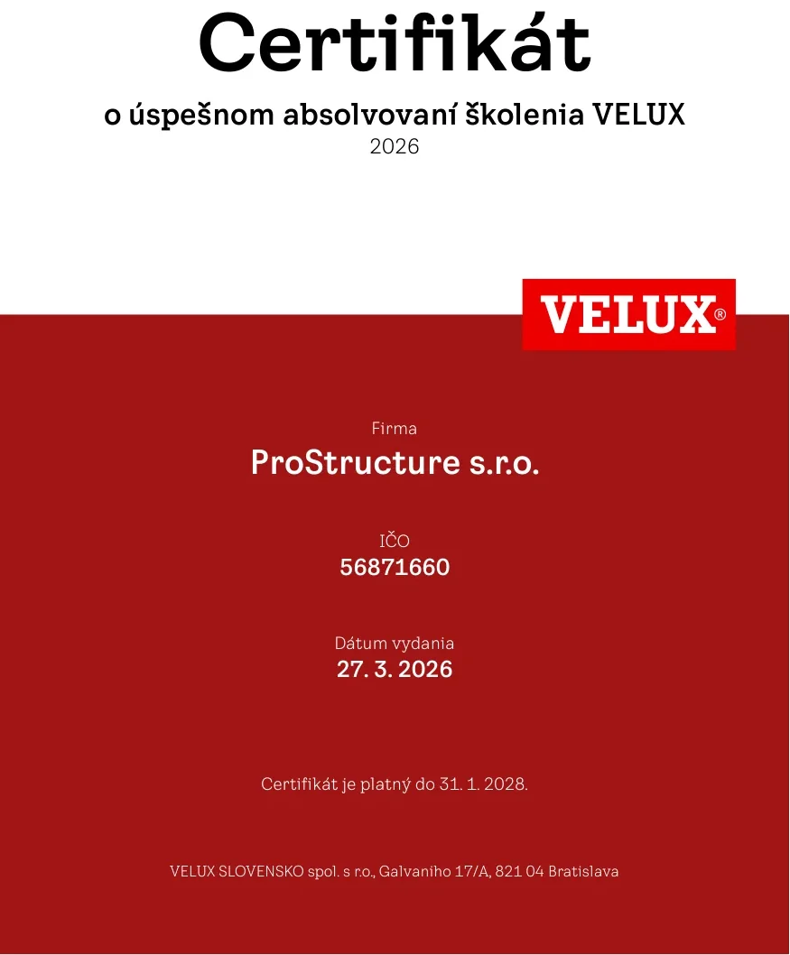 Certifikát VELUX — certifikovaný montážnik
